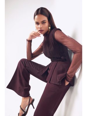 MANNAT GUPTA Ruched Jumpsuit with Detachable Peplum in Wine - Image 6