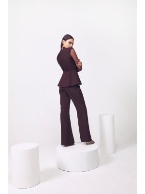 MANNAT GUPTA Ruched Jumpsuit with Detachable Peplum in Wine - Image 5