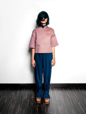 OTKUTYR AW'23/24 Navy Blue Ankle Belted Midnight Blues Crepe Pants - Image 4