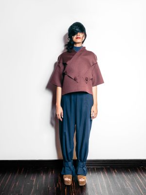 OTKUTYR AW'23/24 Navy Blue Ankle Belted Midnight Blues Crepe Pants - Image 3