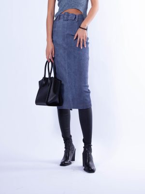 Ge3.21 Denim Print Stretch Leather Midi Skirt - Image 3