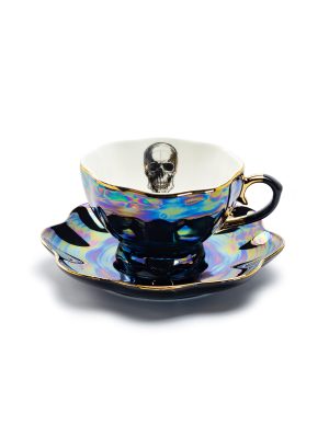 Grace Teaware Skull Black Gold 7.5oz Luster Tea Cup And Saucer