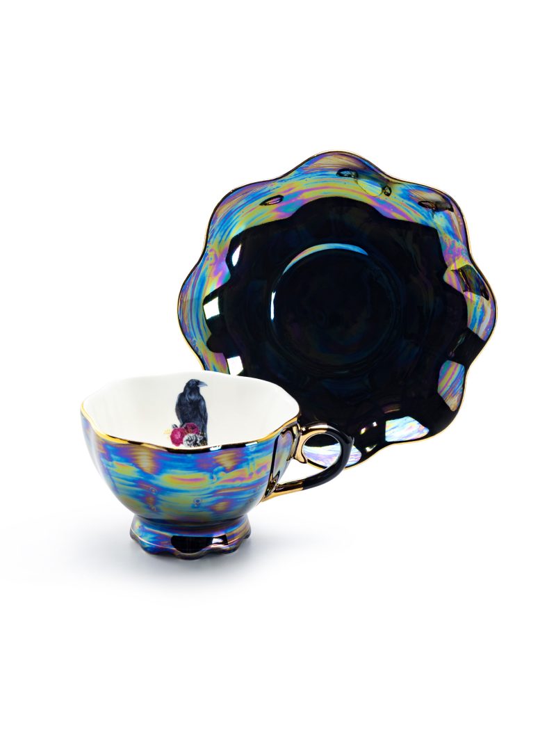 Grace Teaware Crow With Red Roses Black Gold Luster Tea Cup And Saucer - Image 2
