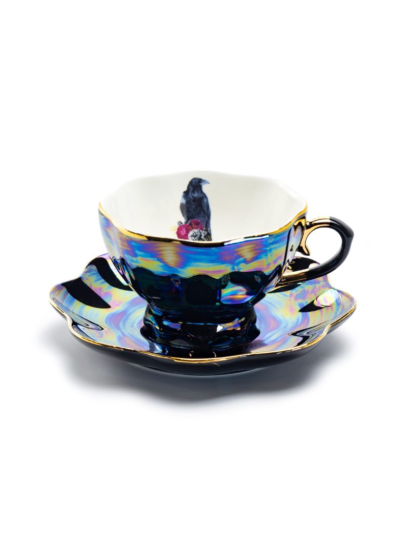 Grace Teaware Crow With Red Roses Black Gold Luster Tea Cup And Saucer