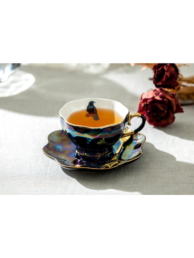 Grace Teaware Crow With Red Roses Black Gold Luster Tea Cup And Saucer - Image 4