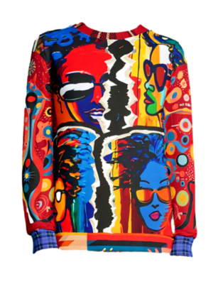 Colorful unisex sweatshirt with quadriptych Black female portraits, abstract patterns, red sleeves, and plaid cuffs