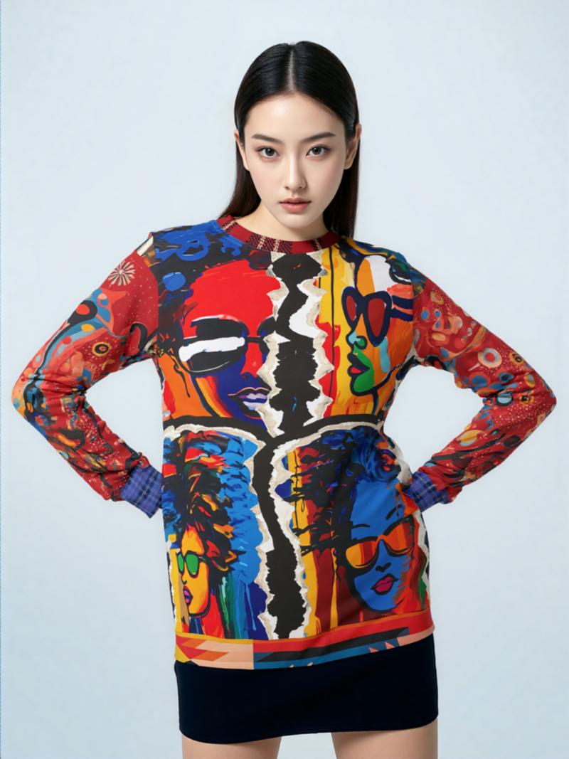 Colorful unisex sweatshirt with quadriptych Black female portraits, abstract patterns, red sleeves, and plaid cuffs