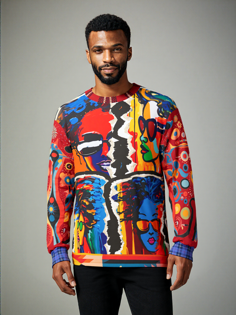 Colorful unisex sweatshirt with quadriptych Black female portraits, abstract patterns, red sleeves, and plaid cuffs