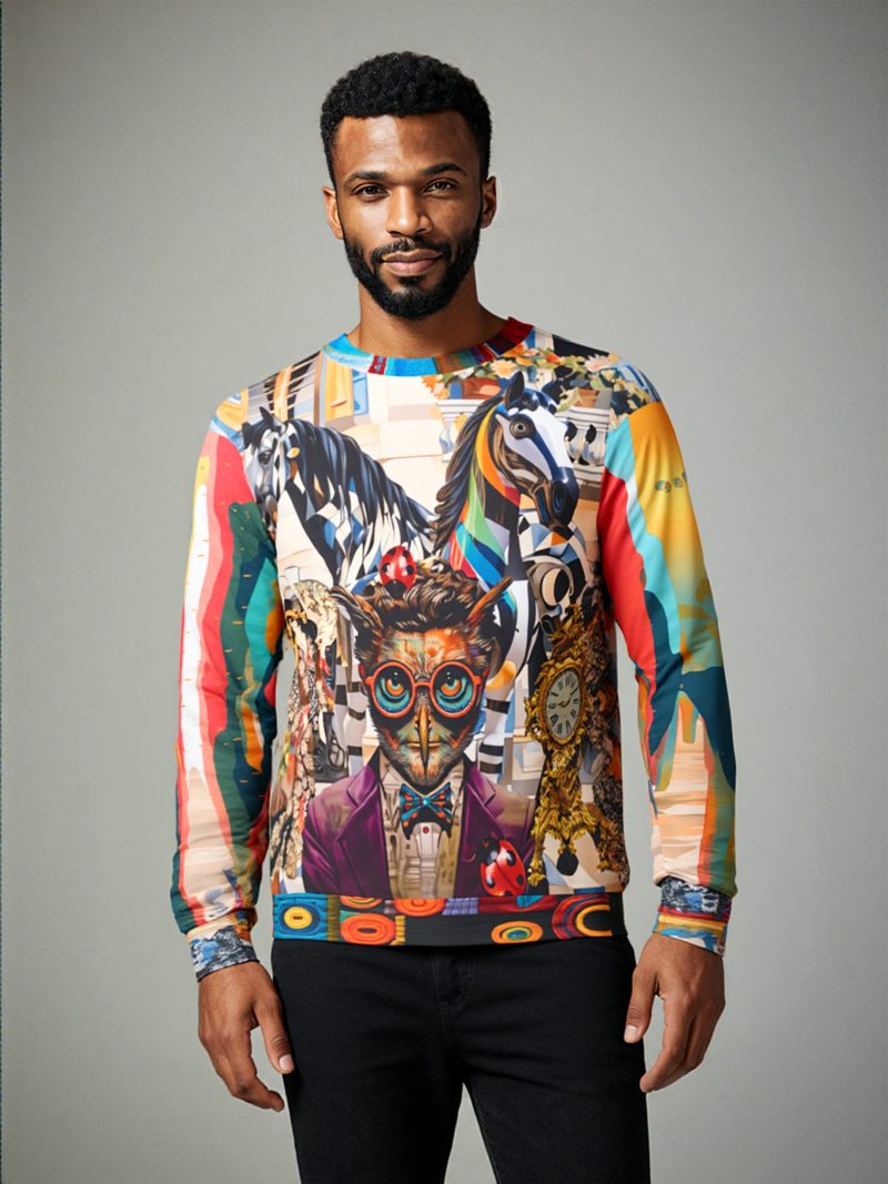 Art Nouveau unisex sweatshirt featuring owl-headed figure, vintage clock, striped horses, and surreal patchwork design set in front of a grand Tartarian building.