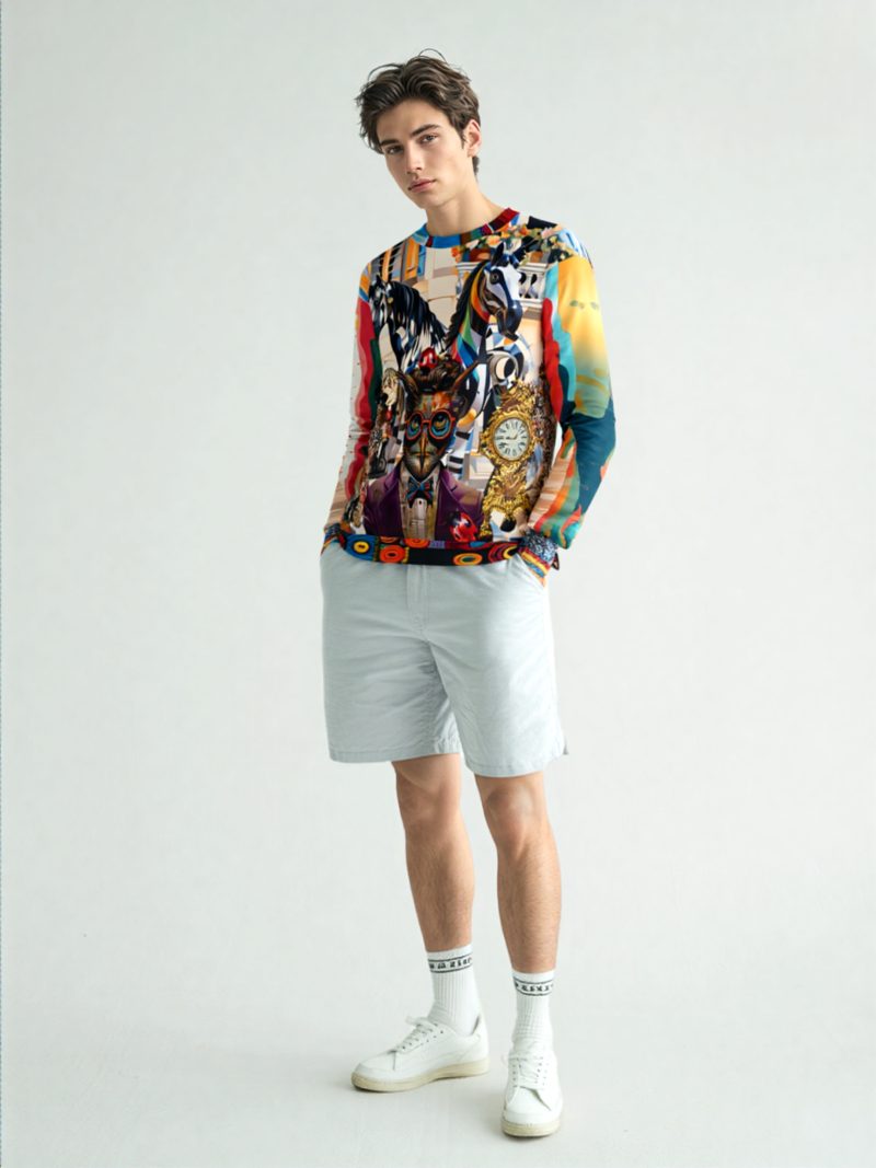 Art Nouveau unisex sweatshirt featuring owl-headed figure, vintage clock, striped horses, and surreal patchwork design set in front of a grand Tartarian building.