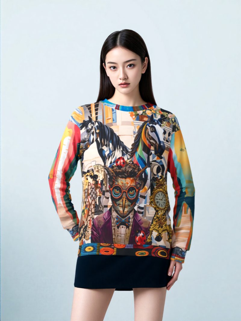 Art Nouveau unisex sweatshirt featuring owl-headed figure, vintage clock, striped horses, and surreal patchwork design set in front of a grand Tartarian building.