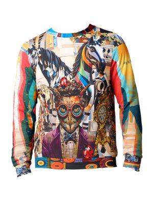 Art Nouveau unisex sweatshirt featuring owl-headed figure, vintage clock, striped horses, and surreal patchwork design set in front of a grand Tartarian building.