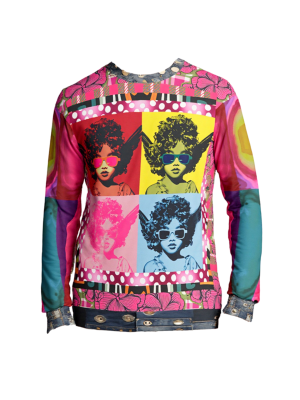 Pop Art Cherub Diva unisex sweatshirt with colorful quadriptych cherub design, floral accents, and lava-inspired sleeves, displayed in a gold frame.