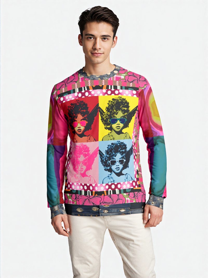 Pop Art Cherub Diva unisex sweatshirt with colorful quadriptych cherub design, floral accents, and lava-inspired sleeves, displayed in a gold frame.