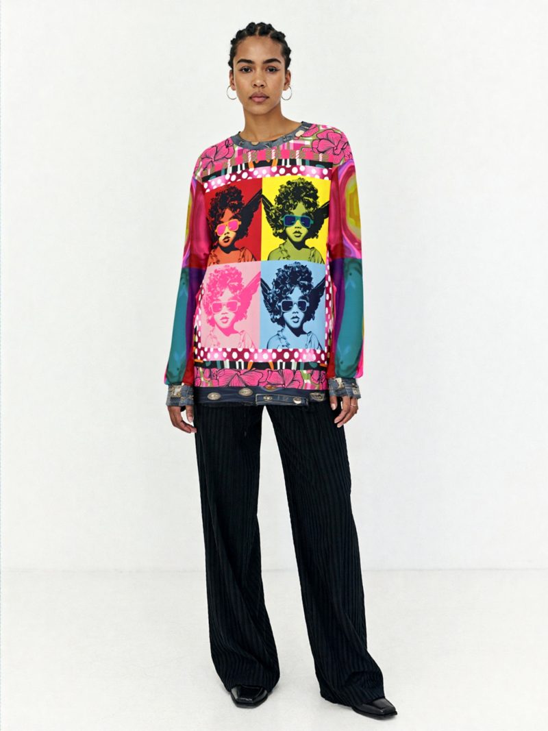 Pop Art Cherub Diva unisex sweatshirt with colorful quadriptych cherub design, floral accents, and lava-inspired sleeves, displayed in a gold frame.