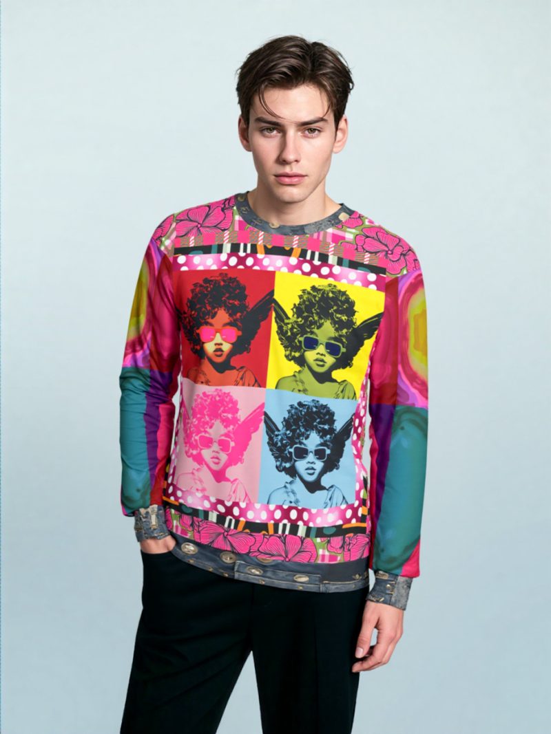 Pop Art Cherub Diva unisex sweatshirt with colorful quadriptych cherub design, floral accents, and lava-inspired sleeves, displayed in a gold frame.