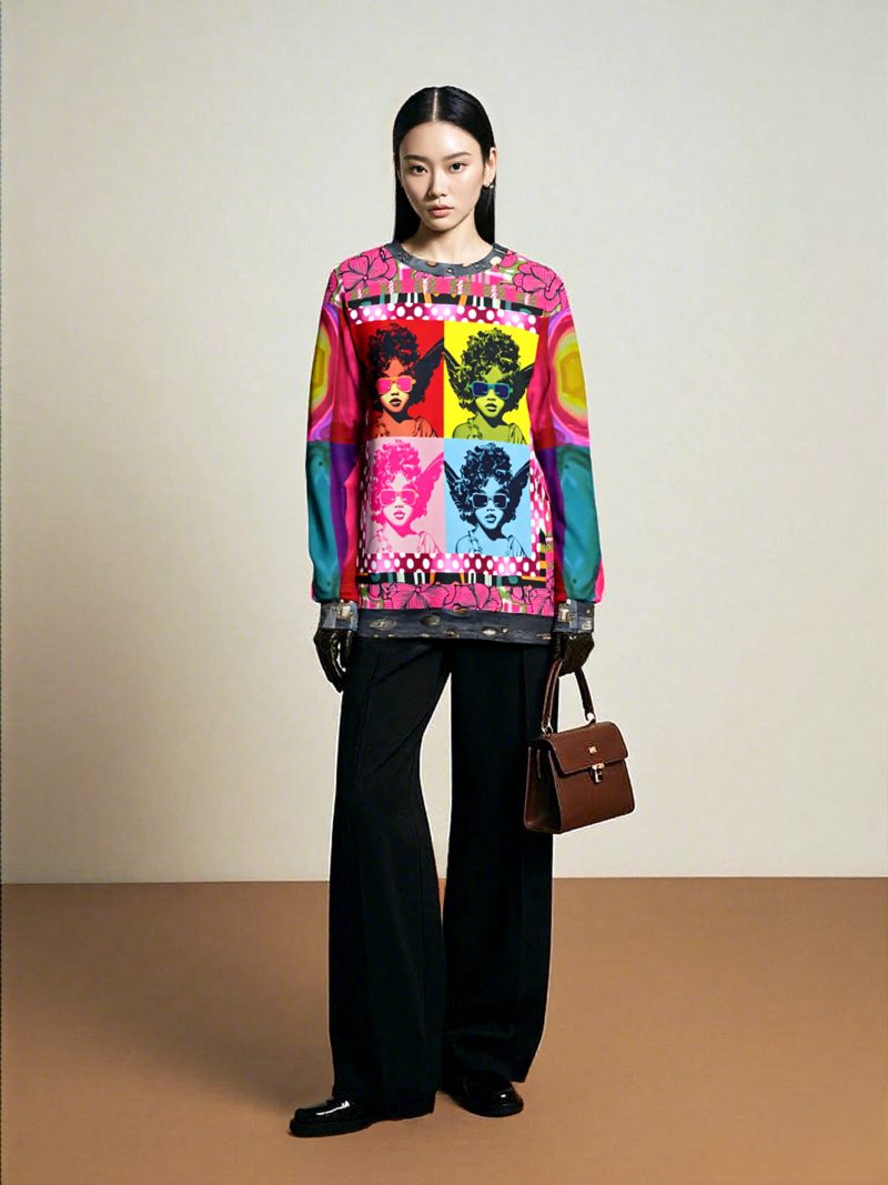 Pop Art Cherub Diva unisex sweatshirt with colorful quadriptych cherub design, floral accents, and lava-inspired sleeves, displayed in a gold frame.
