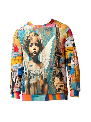 Unisex 'Angels in Heaven' Gold Label Limited Edition sweatshirt featuring a cherubic angel above the Eiffel Tower, vibrant multicolor Parisian backdrop, and eclectic patchwork sleeve prints, made from heavy 300 gsm polyester tricot with fleece lining.