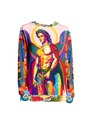 Front view of the Archangel Michael Flipside Duo unisex sweatshirt featuring a vivid pop-art depiction of Archangel Michael with rainbow-toned wings, glowing halo, and a red cape, holding a sword. Sleeves display bold geometric and psychedelic patchwork patterns.