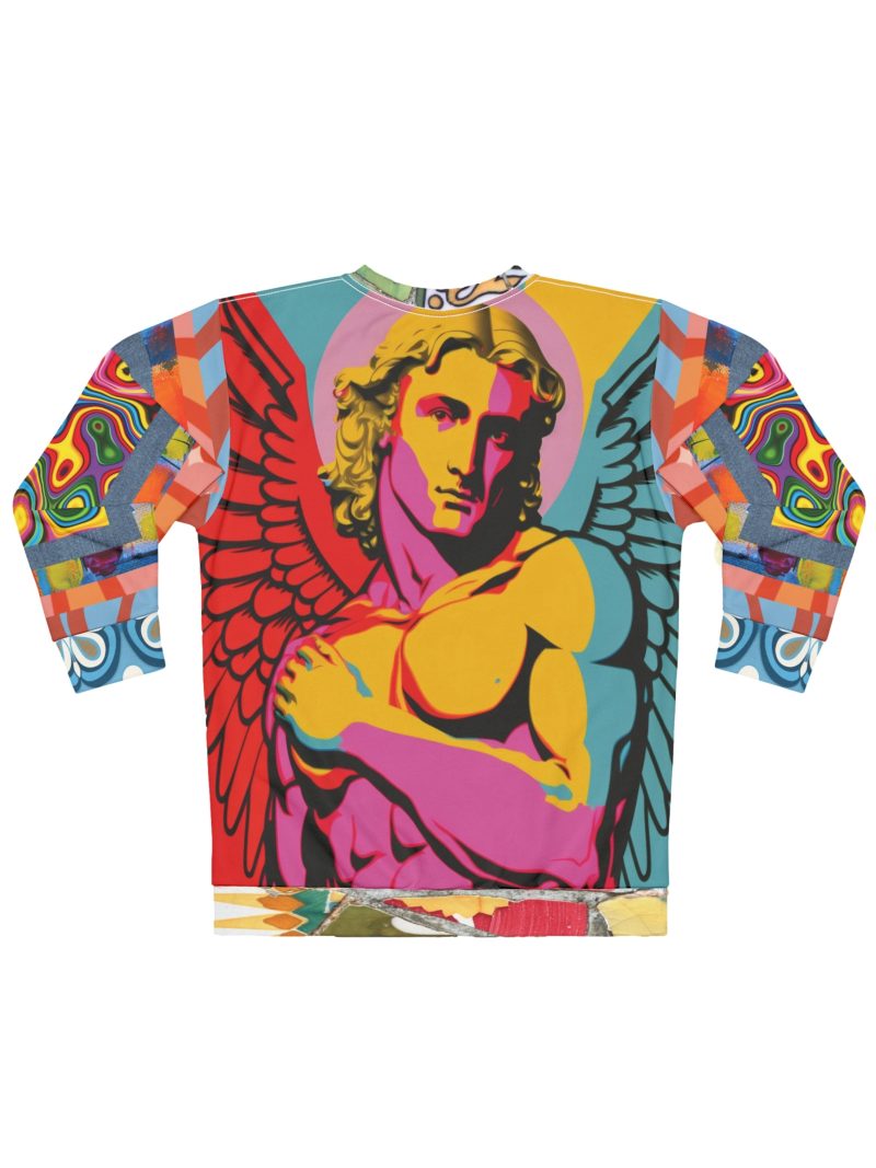 Back view of the Archangel Michael Flipside Duo unisex sweatshirt showcasing a contrasting portrait of Archangel Michael in golden yellow, crimson, pink, and turquoise tones with expansive wings, framed by kaleidoscopic patchwork sleeves.