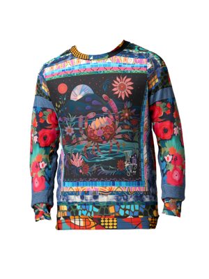 rab of the Full Moon unisex sweatshirt featuring a moonlit crab illustration surrounded by flowers, waves, and vibrant patchwork sleeves with floral and geometric patterns.