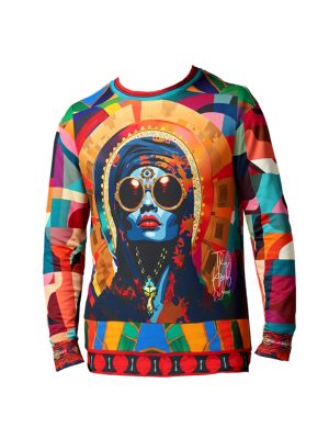 Unisex sweatshirt featuring the Holy Divinity Black Madonna design, with a radiant halo, oversized sunglasses, and bold geometric patterned sleeves, part of the exclusive Gold Label collection.