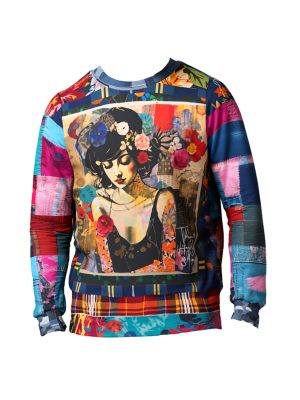 Raven Girl in Floral Patchwork Unisex Sweatshirt featuring a 1920s-inspired flapper girl with floral tattoos on her arms, vibrant bouquet, and multicolor patchwork sleeves in floral, geometric, and textured prints.