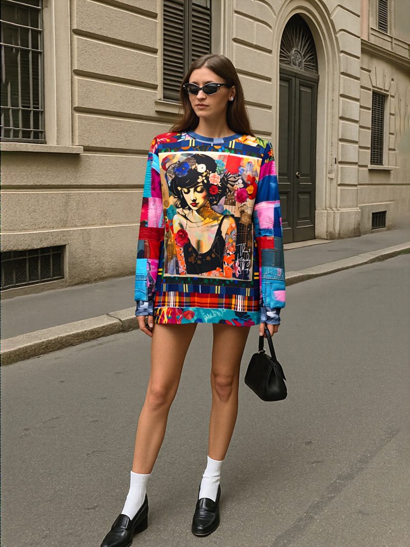 SingleTree Lane Raven Girl In Floral Patchwork Wearable Art Top - Image 3