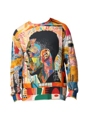 All-over print sweatshirt featuring the profile of an African American male in a vibrant abstract collage of oranges, blues, yellows, greens, and geometric patterns, with artistic patchwork sleeves.