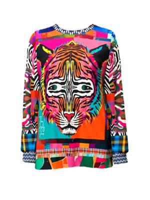 Colorful pop art unisex sweatshirt featuring a neon tiger face with psychedelic symmetry, surrounded by patchwork patterns in plaid, zebra stripes, tribal motifs, and vibrant brushstrokes.