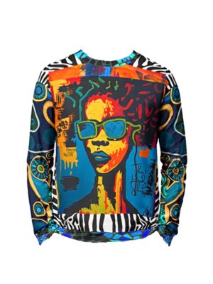 Graffiti art unisex sweatshirt featuring a bold portrait of a Black African American woman in blue-tinted sunglasses with vibrant orange, red, yellow, and blue tones, zebra stripe accents, jewel-toned circular sleeve patterns, and geometric patchwork details.