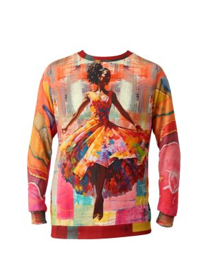 Unisex sweatshirt featuring a vibrant graphic of a Black ballerina in a colorful flowing dress, with artistic patchwork sleeves inspired by Harlem’s cultural heritage.