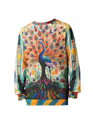 Colorful unisex sweatshirt featuring a majestic peacock in vibrant burnt orange, teal, red, and gold, surrounded by lush florals and foliage, with geometric patchwork sleeves. Design blends bohemian folk art, maximalism, and decorative Art Nouveau influences.