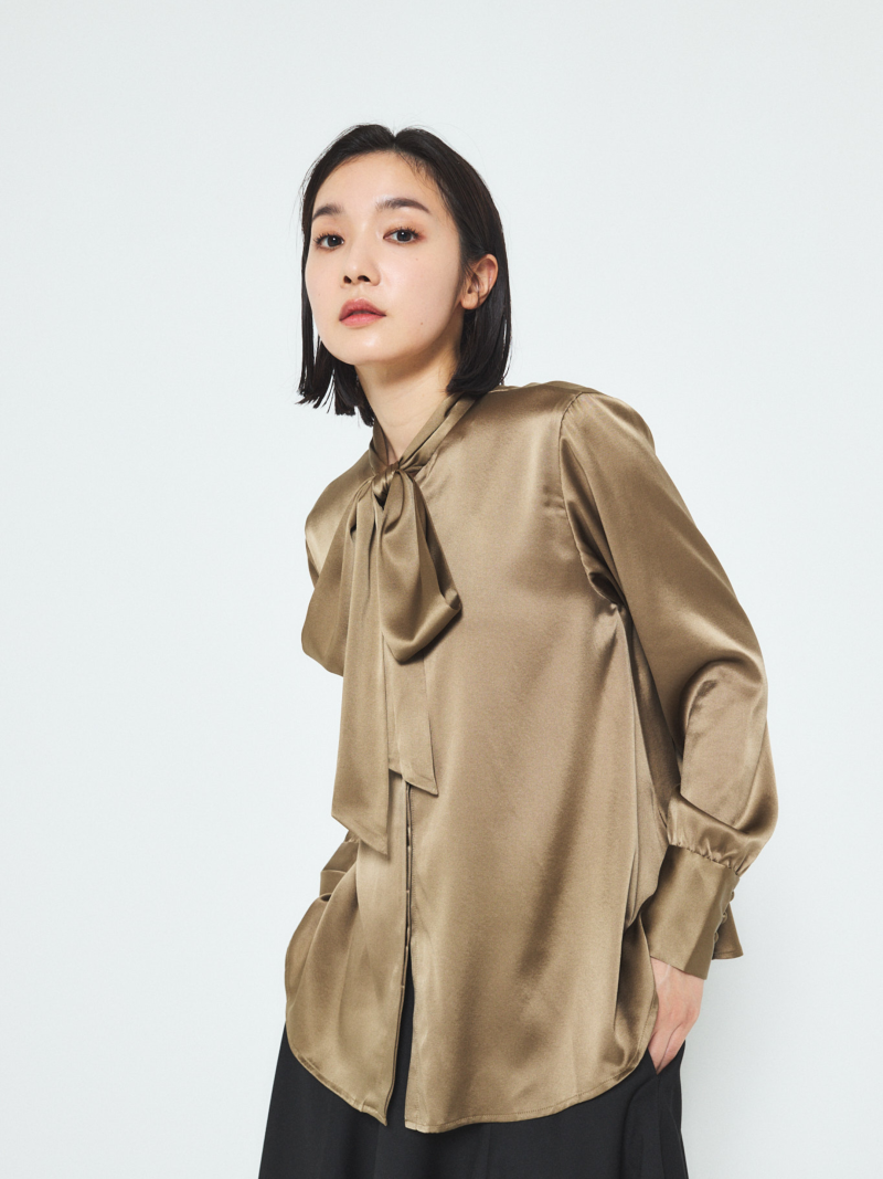 A.SHIMUS Khaki Silk Bow Blouse - Image 2