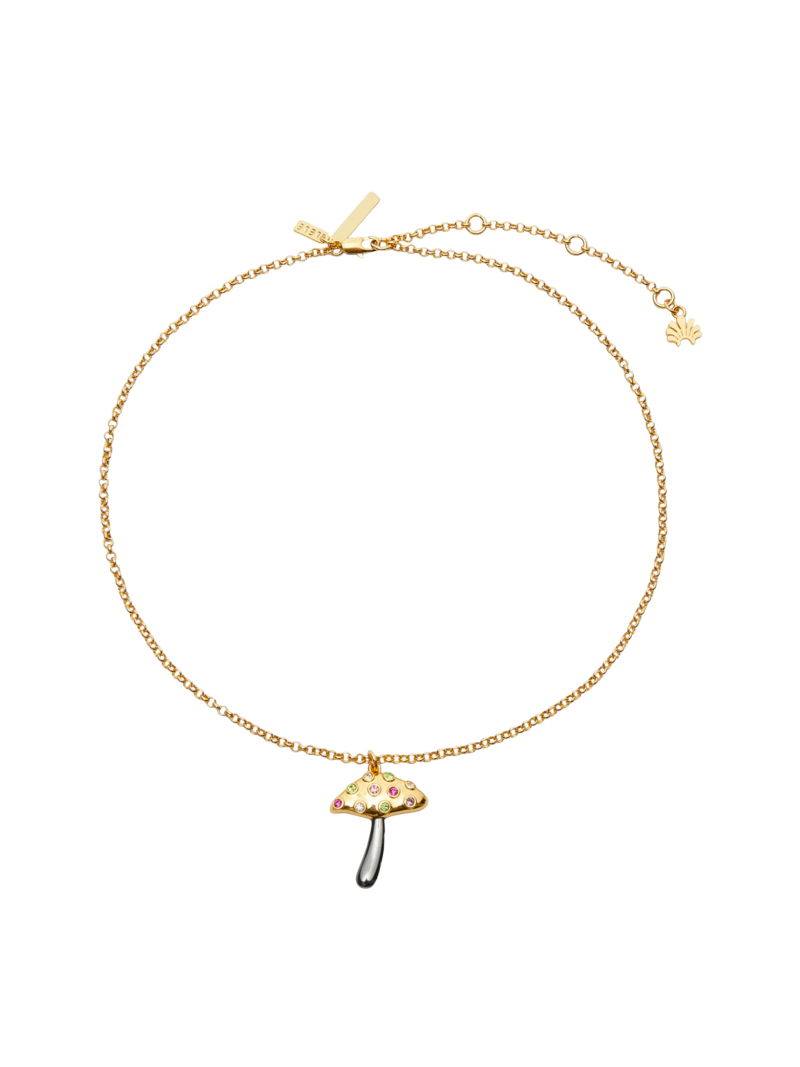 House of 29 x Lele Sadoughi Jeweled Meadow Mushroom Pendant Necklace in gold with crystal and jeweled detailing – whimsical mushroom pendant charm necklace inspired by nature, cottagecore and fairycore jewelry aesthetic, statement yet delicate everyday necklace for layering or gifting, unique designer collaboration jewelry piece with sparkle, playful mushroom jewelry trend 2025, perfect accessory for festival style, boho chic outfits, or adding a touch of magical woodland charm to your look.