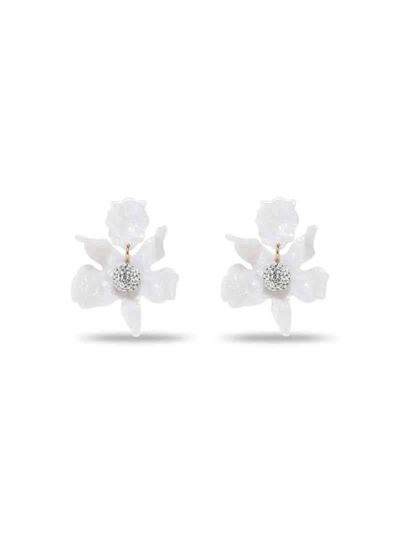 House of 29 x Lele Sadoughi Mother of Pearl Small Crystal Lily Earrings – delicate floral stud earrings with luminous mother of pearl petals and sparkling crystal accents, designer collaboration jewelry inspired by nature and feminine elegance, polished gold-tone setting with subtle shimmer, chic statement earrings that are lightweight and versatile for everyday wear or special occasions, perfect for bridal jewelry, gifting, or adding a touch of timeless floral charm to any outfit, trending 2025 pearl and crystal earring style.