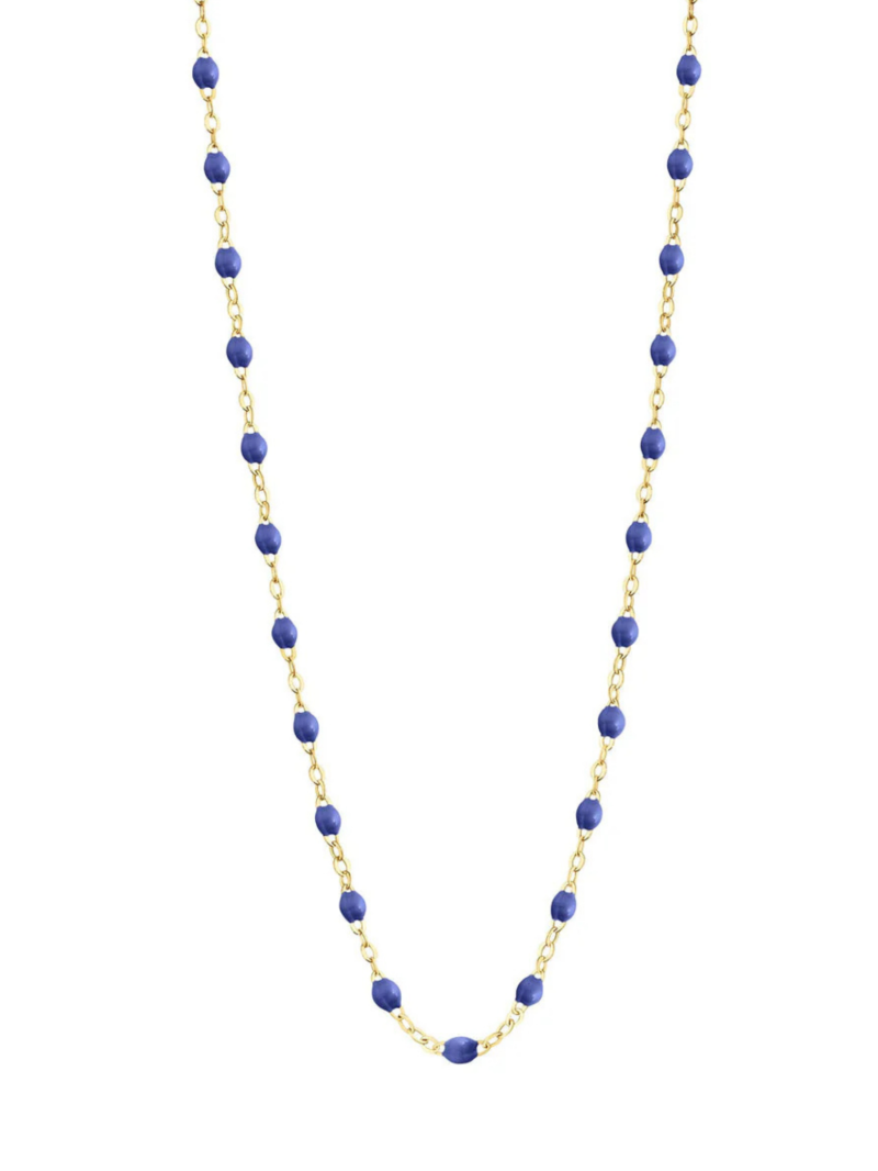 House of 29 x Gigi Clozeau Classic Necklace in Bleuet Blue & 18k Yellow Gold – delicate beaded chain necklace with signature Gigi Clozeau resin beads in vibrant bleuet blue, fine French-made designer jewelry collaboration, dainty layering necklace perfect for everyday wear or stacking with other gold chains, chic minimalist jewelry trend 2025, versatile necklace that adds a pop of color to casual looks or elegance to evening outfits, timeless gift idea for her.